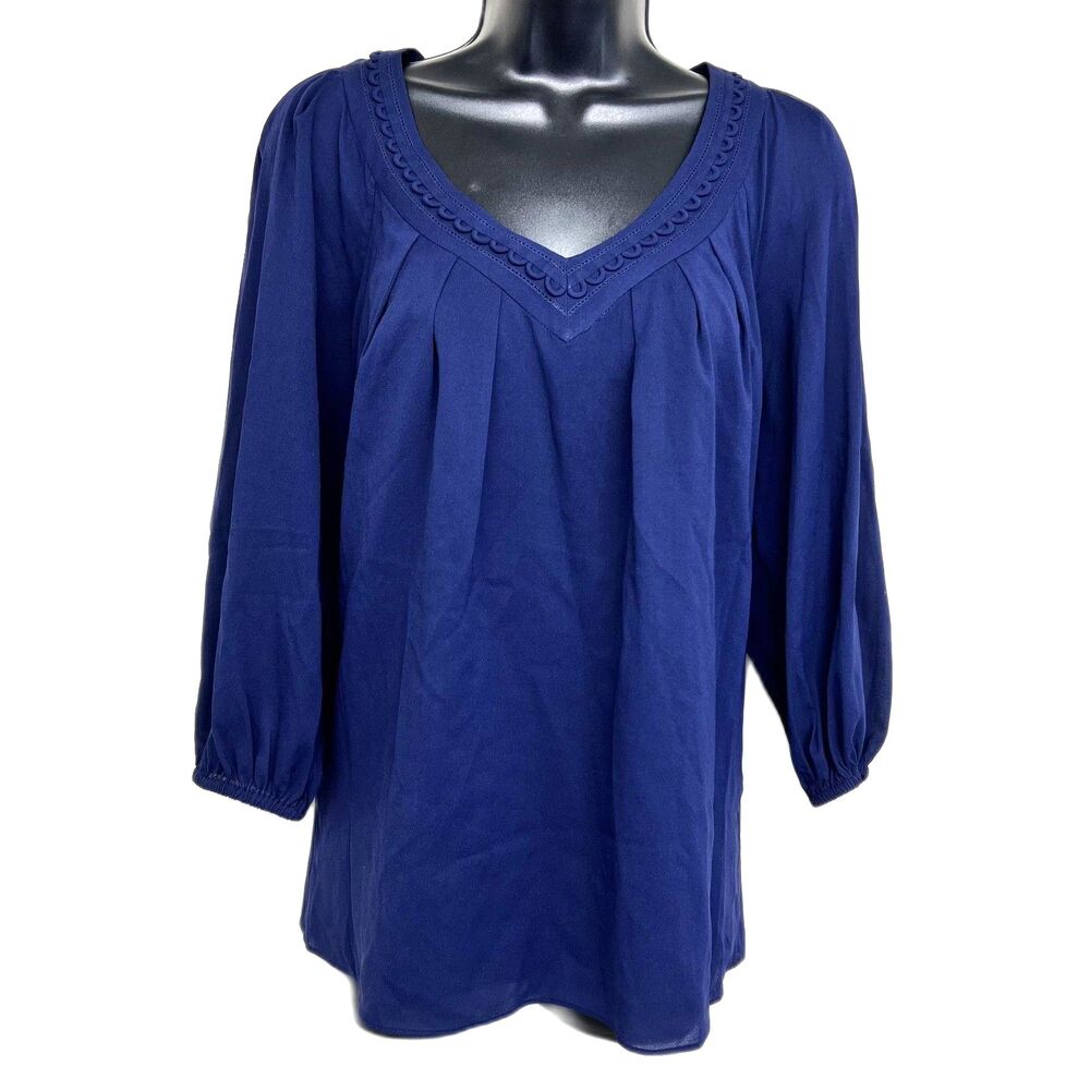 Diane von Furstenberg DVF Silk Blouse P Navy Blue Pleated Boho 3/4 Sleeve Top